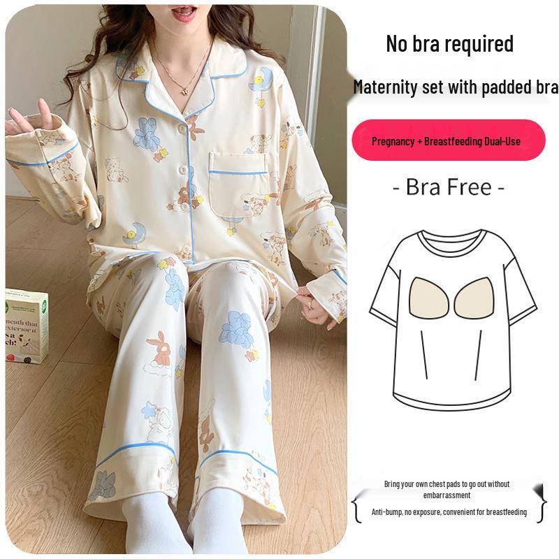 Plus Size Maternity & Postpartum Pajama Set with Breast Pads - Long Sleeve, Spring & Autumn Nursing Wear