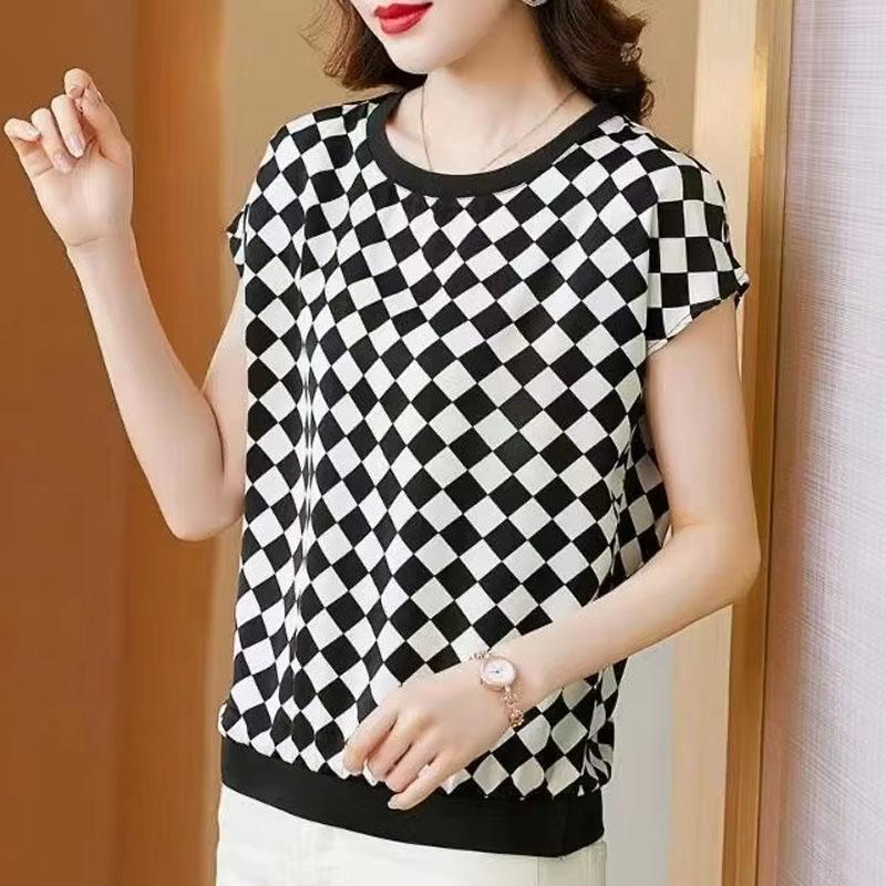 New Summer Printed Chessboard Plaid Ice Silk T-shirt Women's Short-sleeved Middle-aged Mother Loose Large-size Top