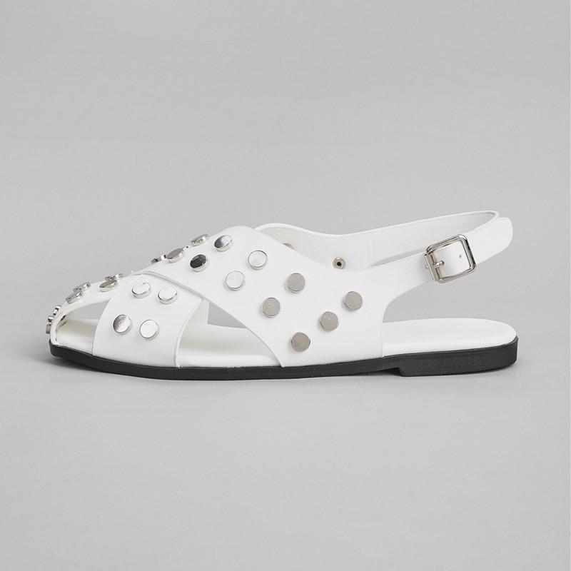 

Fashion High quality Punk Rivet Hollow out Women Flats Sandals Fashion Summer Slingbacks Buckle Strap Square toe Casual Dress Shoes 43 белый