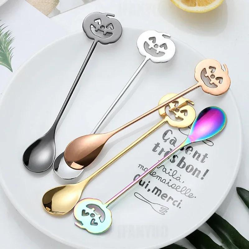 Halloween Pumpkin Head Stainless Steel Teaspoons Coffee Spoon Dessert Tea Sugar Scoop for For Home Kitchen Halloween Party Gifts