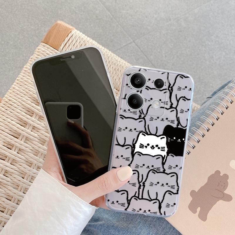 Husă din silicon cu pisică neagră drăguță, moale, transparentă, pentru Xiaomi Redmi Note 13 14T 15 Samsung A55 A35 S24 iPhone 15 Huawei Honor Camera de protecție antișoc