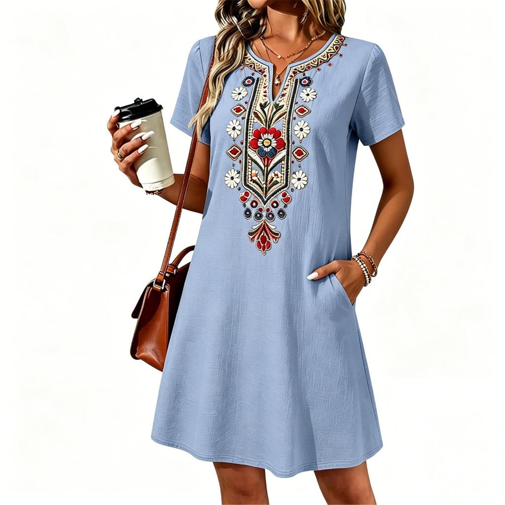 Robe Tunique Unie Brodée Décontractée Ample pour Femme Manches Courtes Col en V avec Poches Légère Confortable