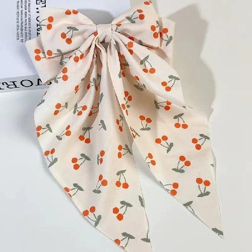 Double Layer Bow Spring Hair Clip Cherry Print Ponytail Hairpin Long Ribbon Fabric Hair Clip Girls Sweet Elegant Accessories New