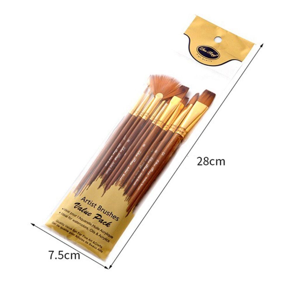 10Pcs/Set Round Flat Angle Artist Paint Brushes Set Wooden Pole Drawing Art Brush  Gift