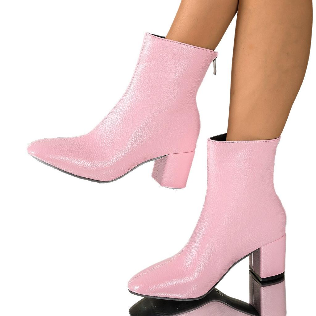 Women's Casual Faux Leather Ankle Boots Non-Slip Pointed Toe Chunky Block Heel Short Boots for Women Comfortable Low Heeled Dress Booties With Zipper