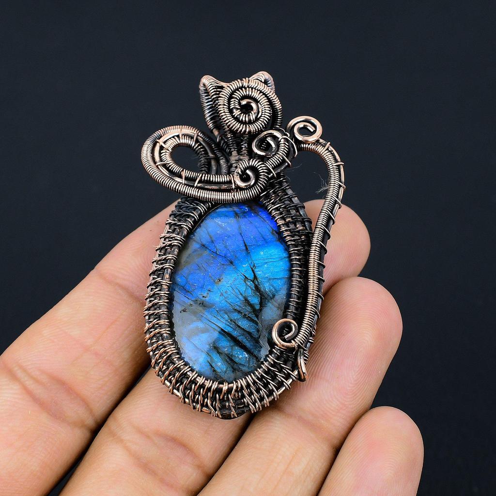 Blue Flash Labradorite Handmade Pendant, Natural Gemstone Jewelry, 999 Copper Wire Wrapped Pendant Jewelry, For Gift