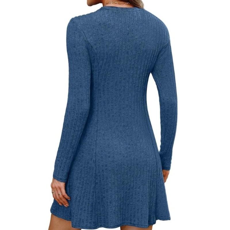 JKASHDK Women's Fashion Spring Fall Solid Color Print Long Sleeve O-Neck High Waist  Casual Dresses