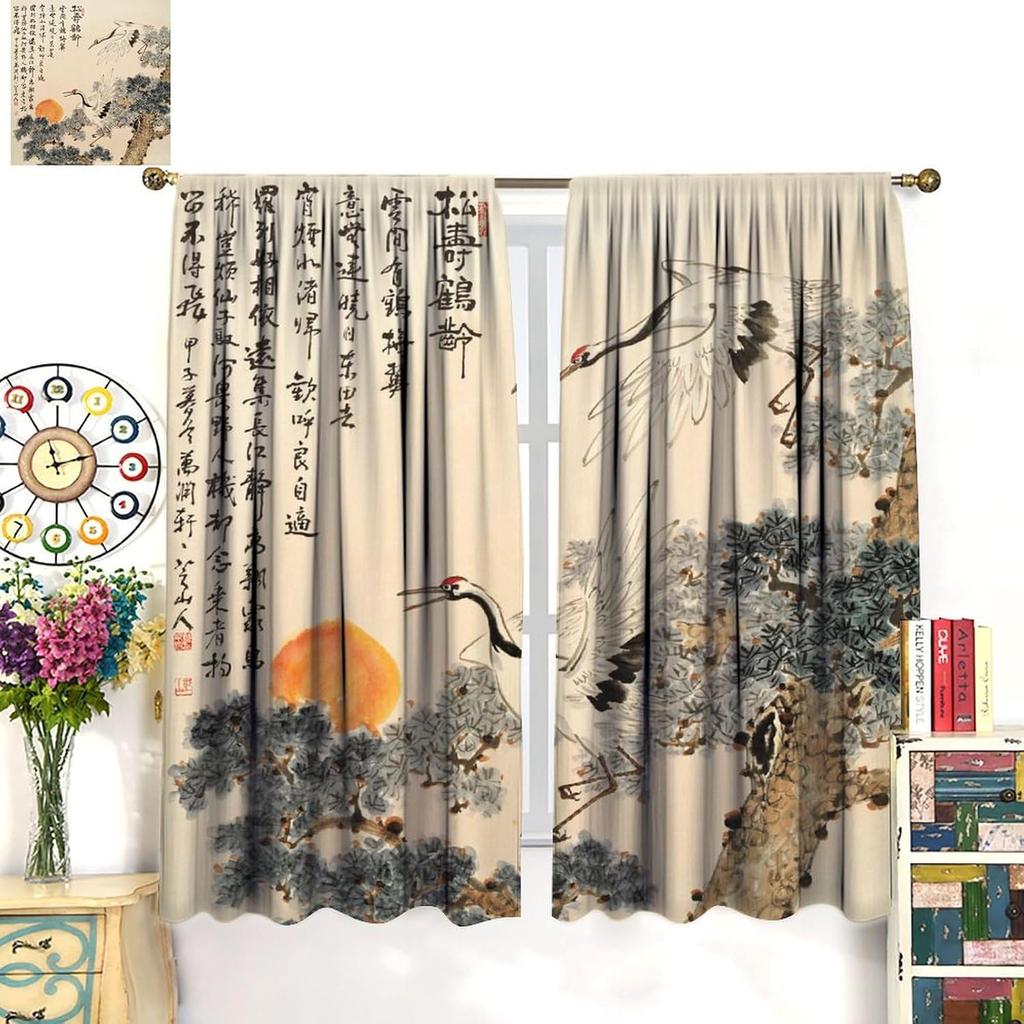 Asian Curtains   Vintage Japanese Ink and Landscape Crane Traditional Cherry Blossom Flower Sun Window Treatments Drapes for Girl