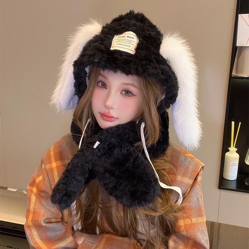 Cute Plush Rabbit Ear Hat for Women In Autumn and Winter Thick Pullover Hat Ear Protection and Warmth Lei Feng Hat Scarf Integrated Hat
