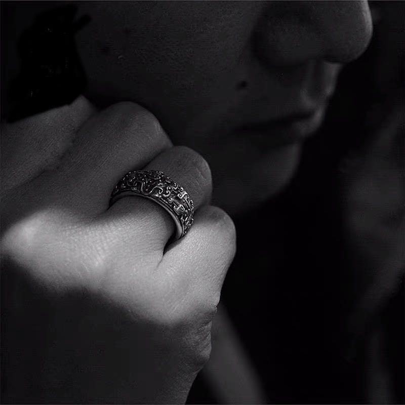 Adjustable Open Ring With Mythical Taotie Beast Design Vintage Plated Copper Unisex Statement Jewelry