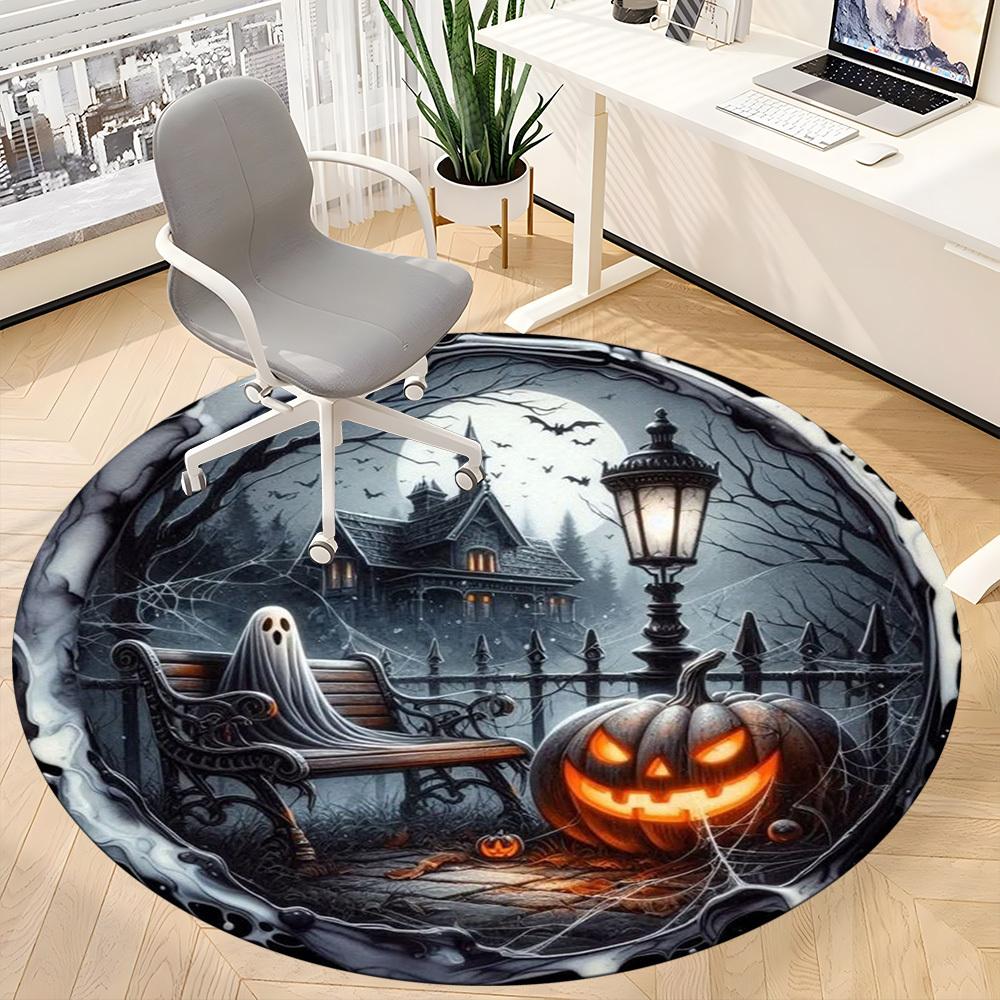 1pc Haunted House Scene Chair Carpet for Office, Round Polyester Mat, Indoor Decor for Office, Easycare Fabric, Washable Non-slip Area Carpet