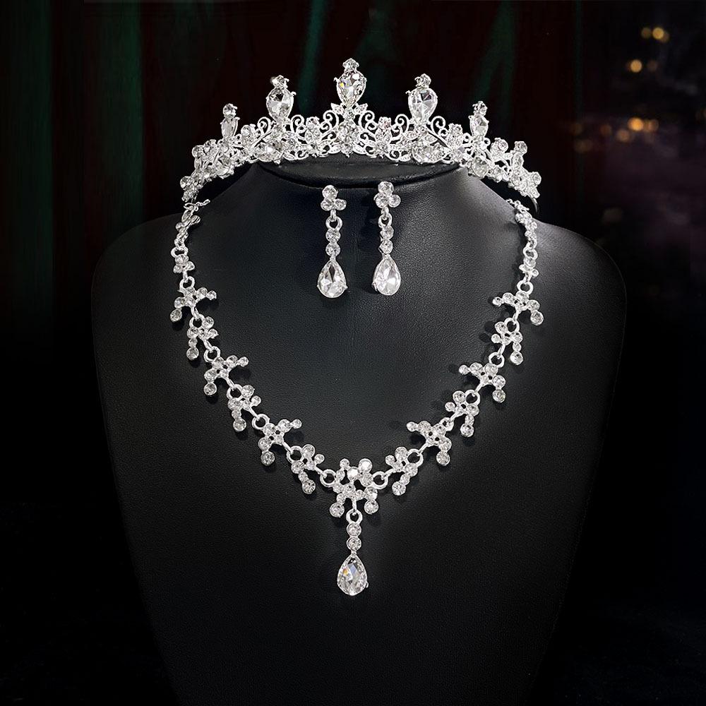 Wedding Accessories Crown Necklace Earring Set High End Look Dance Party Decoration Bride's Jewelry Three Piece Set