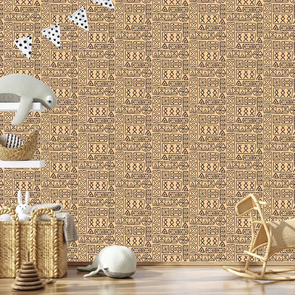 Polynesian Geometric Pattern Wallpaper Gold and Brown 50x1000