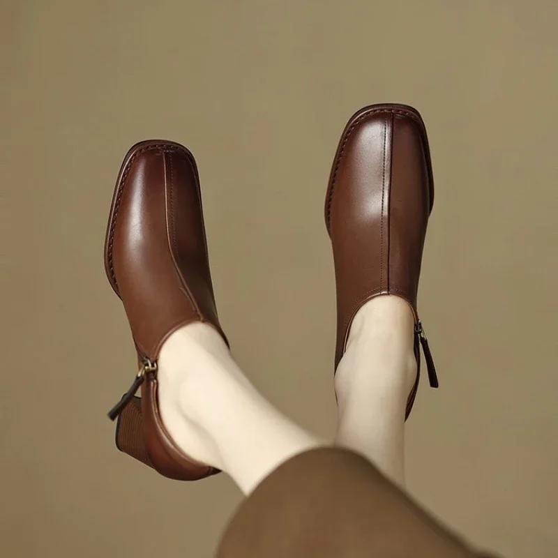 Women's Square Toe High Heels Autumn Retro Women Shoes Thick Heel Zipper Shoes Office Professional High Heels