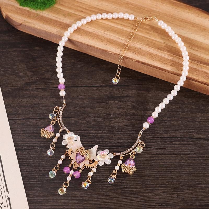 Chinese Style Pearl Necklace Hanfu Accessory Zinc Alloy Hollow Carved Pendant Long Chain Necklace