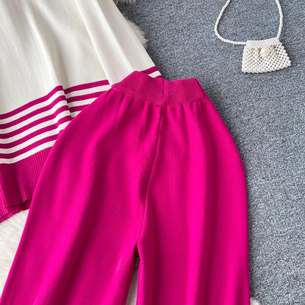 Toamnă Iarnă Femei Grătul cu mâneci lungi Pulover tricotat în dungi Topuri + Pantaloni largi Costume Set două piese Tinute femei