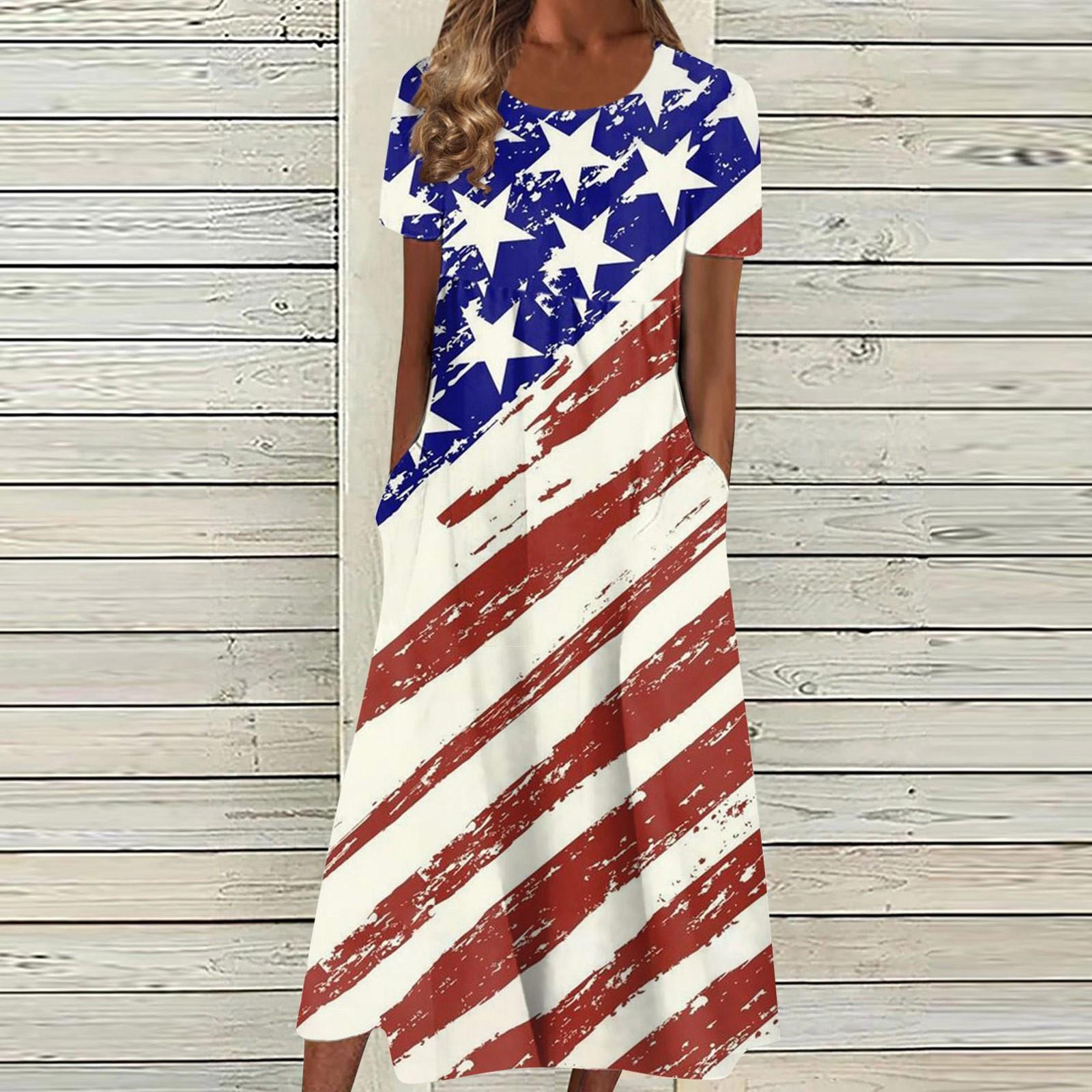 

Женское летнее повседневное модное платье с коротким рукавом и карманом на День независимости с коротким рукавом L синий