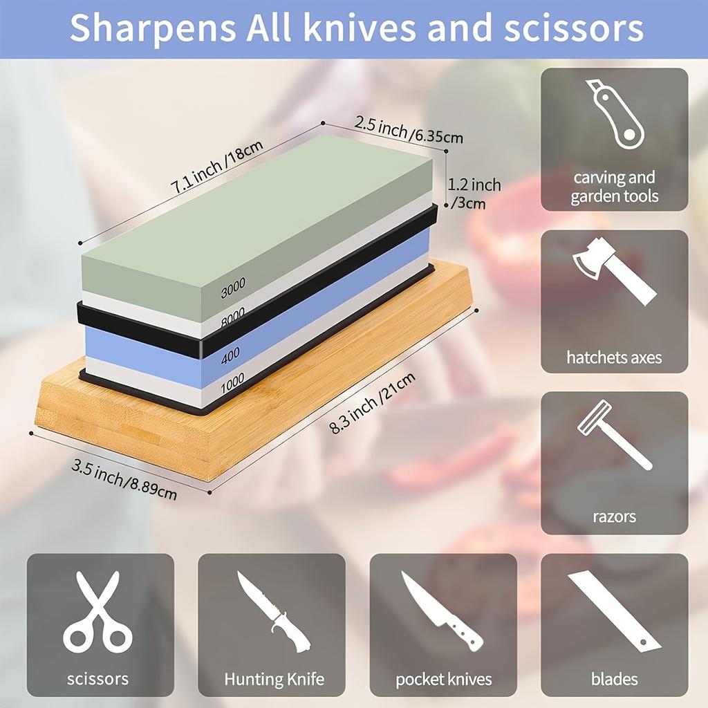 Sharpening Stone Set 4 Side Grit 400/1000 3000/8000, Premium Knife Sharpener, Knife Sharpening Stone Kit with Bamboo Base