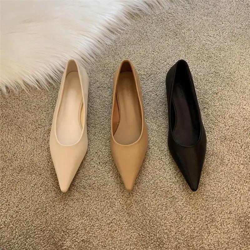 Office Shallow Pointed Toe Beige Fashion Leather Casual Shoes For Women Low Heel Elegant Woman Footwear Genuine Mark Wholesale L