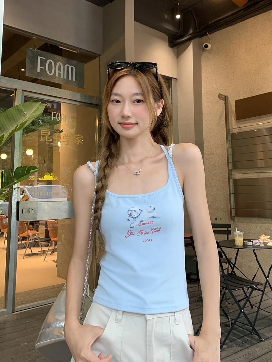 

Light blue puppy printed neck-hanging sling vest women s summer OOTD wear Spice girl slim and thin inner top S синий