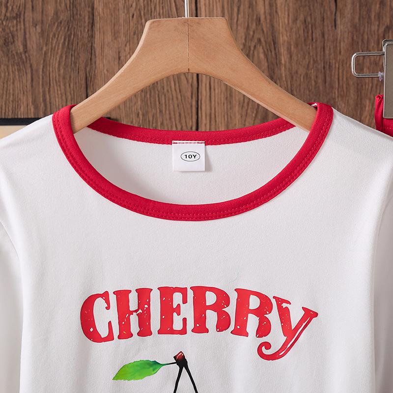 Mädchen Outfit Kinderkleidung Herbst Neue Mode Kirsch-Buchstaben-Druck Langarm Lässiges Hemd + Cargohose