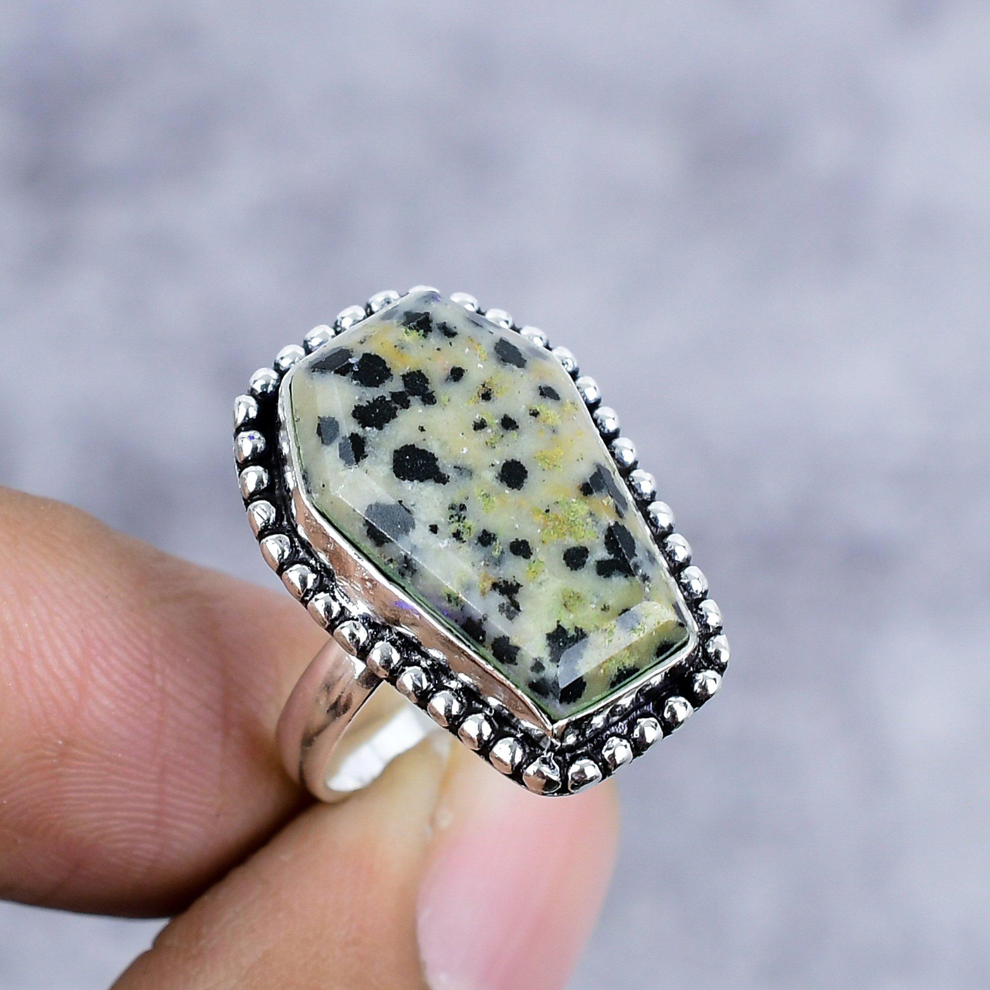 

Dalmation Jasper Gemstone Handmade 925 Sterling Silver Jewelry Ring Size 8 M-2600