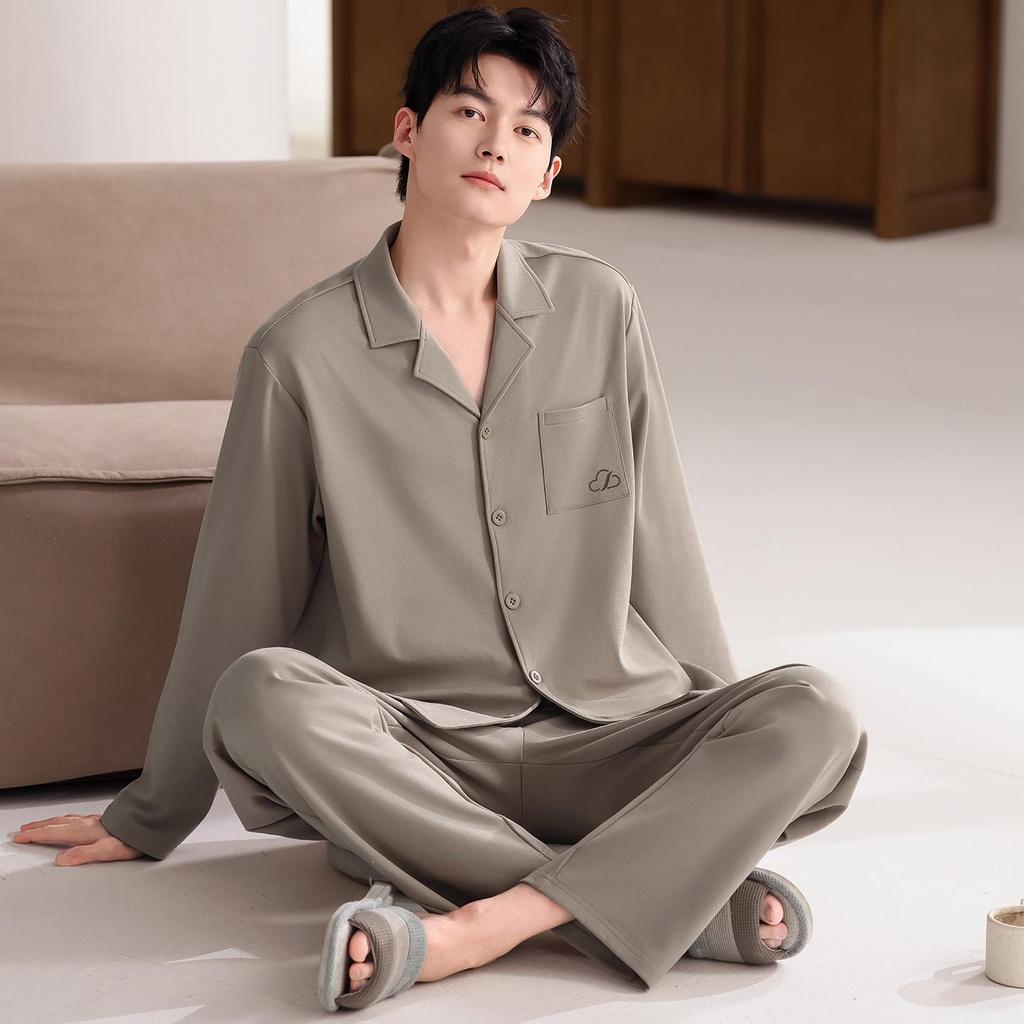 Men's Spring & Autumn Long-Sleeved Cotton Cardigan Pajama Set with Pants