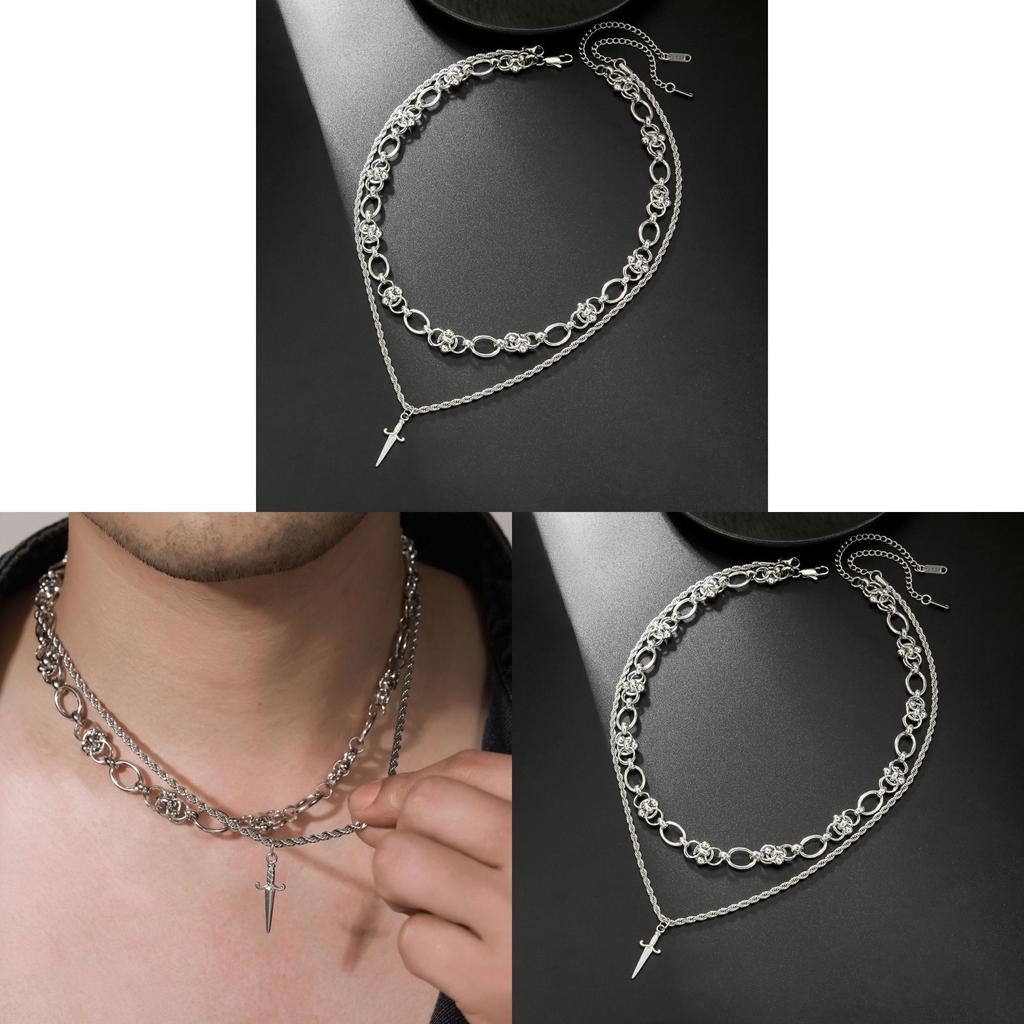 Mens Hip Hop Double Layer Spliced Sword Pendant Necklace With Geometric Design For Streetwear Style