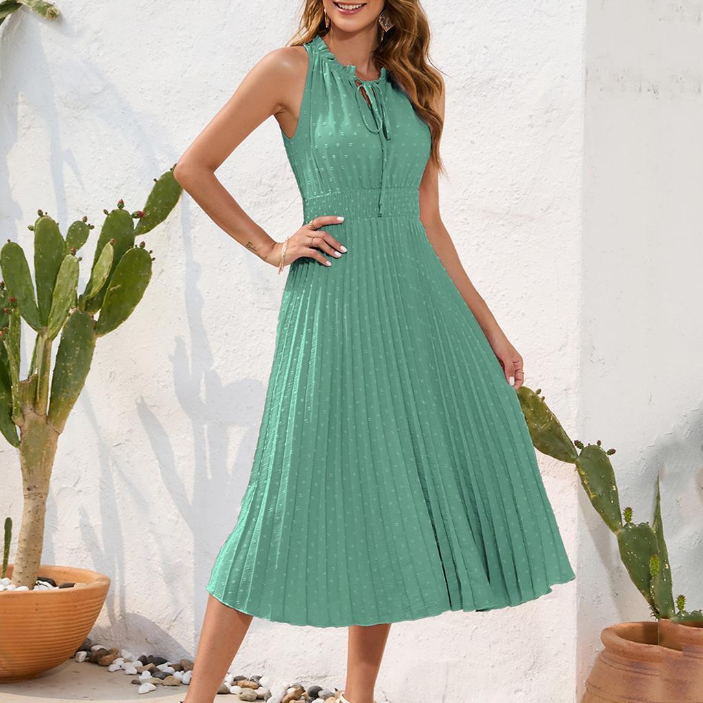 Dámské jednobarevné bez rukávů, volný čas, dovolená, cestování, šněrování, vysoký pas, skládané šaty s chlupy