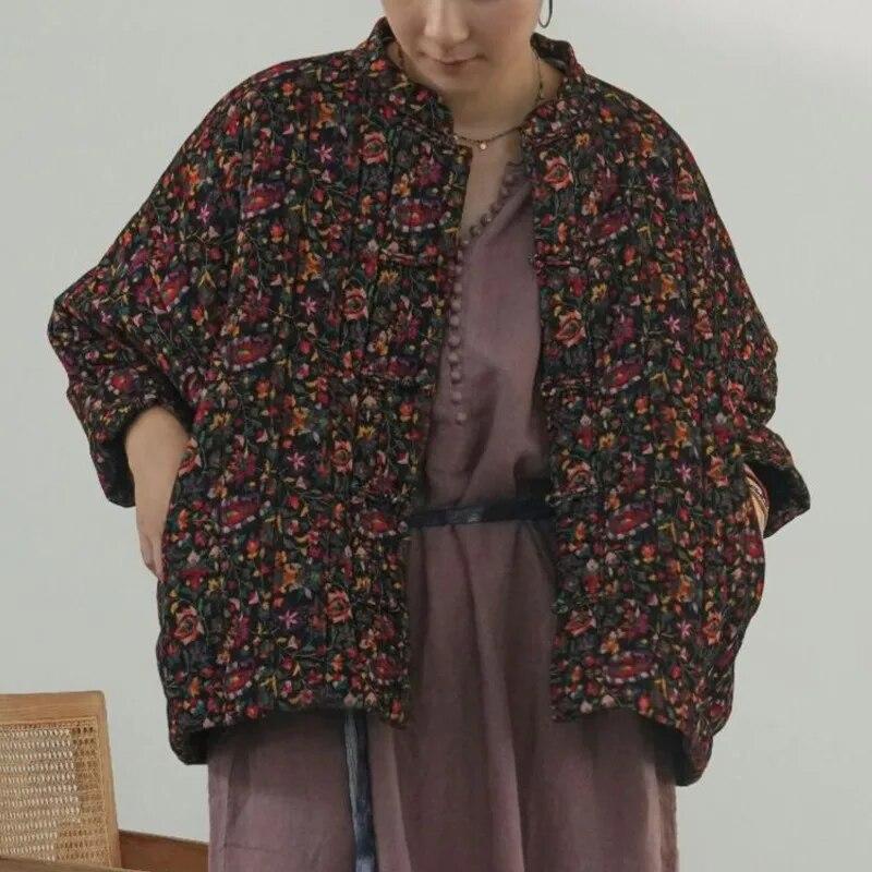 Johnature Women Chinese Style Corduroy Parkas Stand Long Sleeve Button Winter Vintage Coats Print Floral Warm Winter Parkas