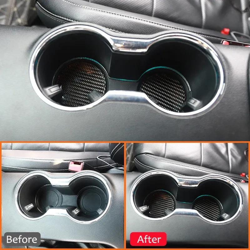 2PCS Carbon Fiber Car Center Water Cup Holder Coaster Texture Mat Anti-Slip Pad Decoration Sticker For Ford Mustang 2015-