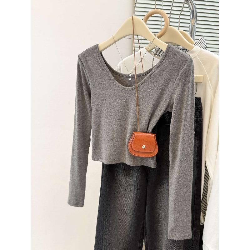 

Real shot solid color large neckline collar shoulder long sleeve T-shirt women s slim short bottoming top S