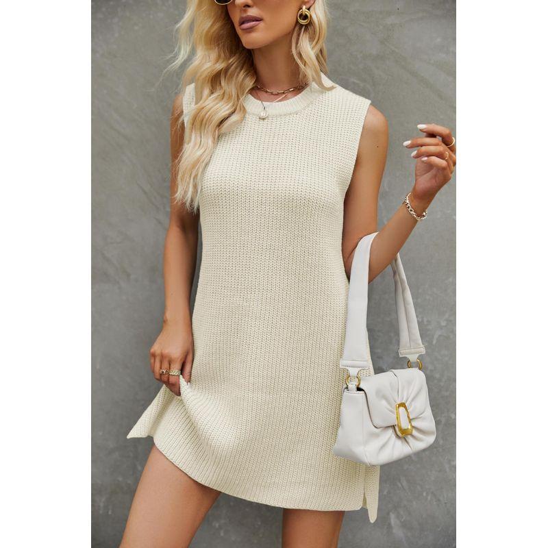 

Fashion Splitdress Autumn New Arrival European and American Women s Clothing Pure Color round Neck Knitted Dress Fashionable with Side-Slit Dress Apricot color S