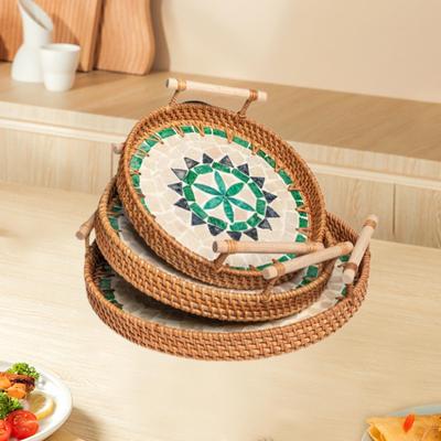3Pcs Rattan Serving Tray, Decorative Wicker Woven Round Rustic Tea Bread Basket for Tea,