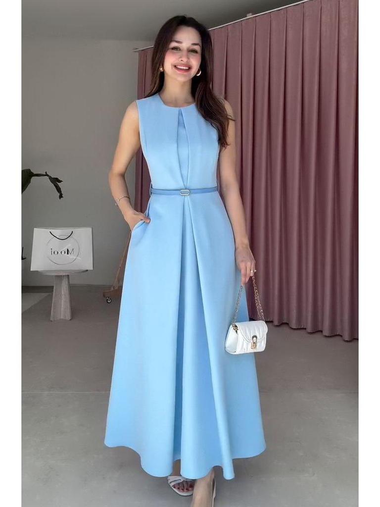 Robe sans manches pour femme, couleur unie, col rond, avec poches - Collection Été 2025