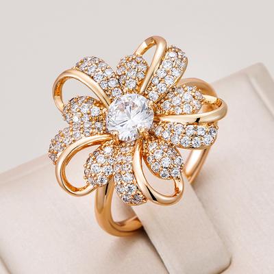 Rose Gold Color Big Crystal Flower Rings For Women Full Shiny Natural Zircon Accessories Modern Daily Fine Jewelry