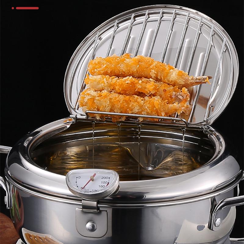 Fritadeira de Tempura de Aço Inoxidável com Termômetro - Panela Economizadora de Óleo para Fogões de Indução e a Gás