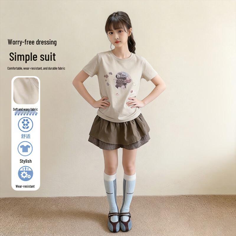 Girls  Summer T-Shirt & Plaid Skirt Set 170