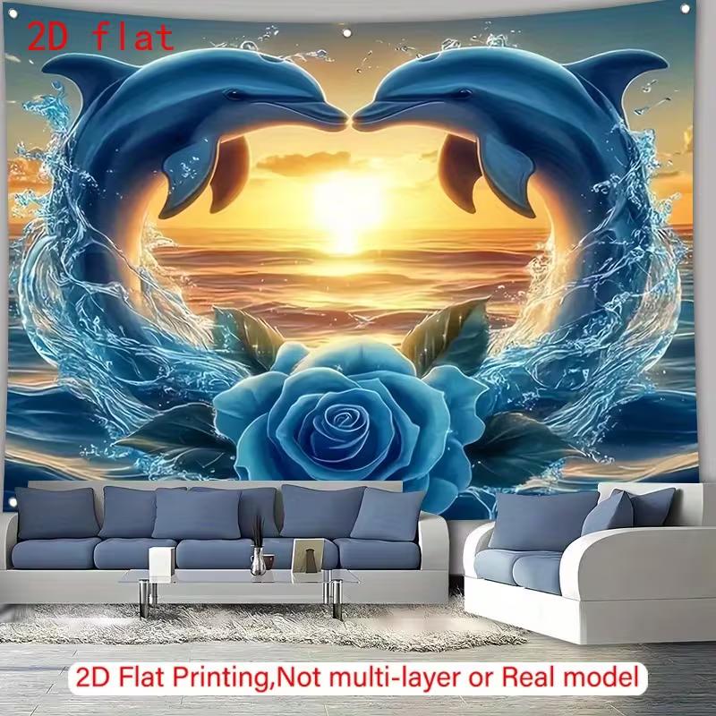 

2D Blue Rose Dolphin Tapestry, Romantic Sunset Ocean Scene with Dolphins Forming Heart for Aesthetic Room Decor 47.2x31.5inch/120*80cm