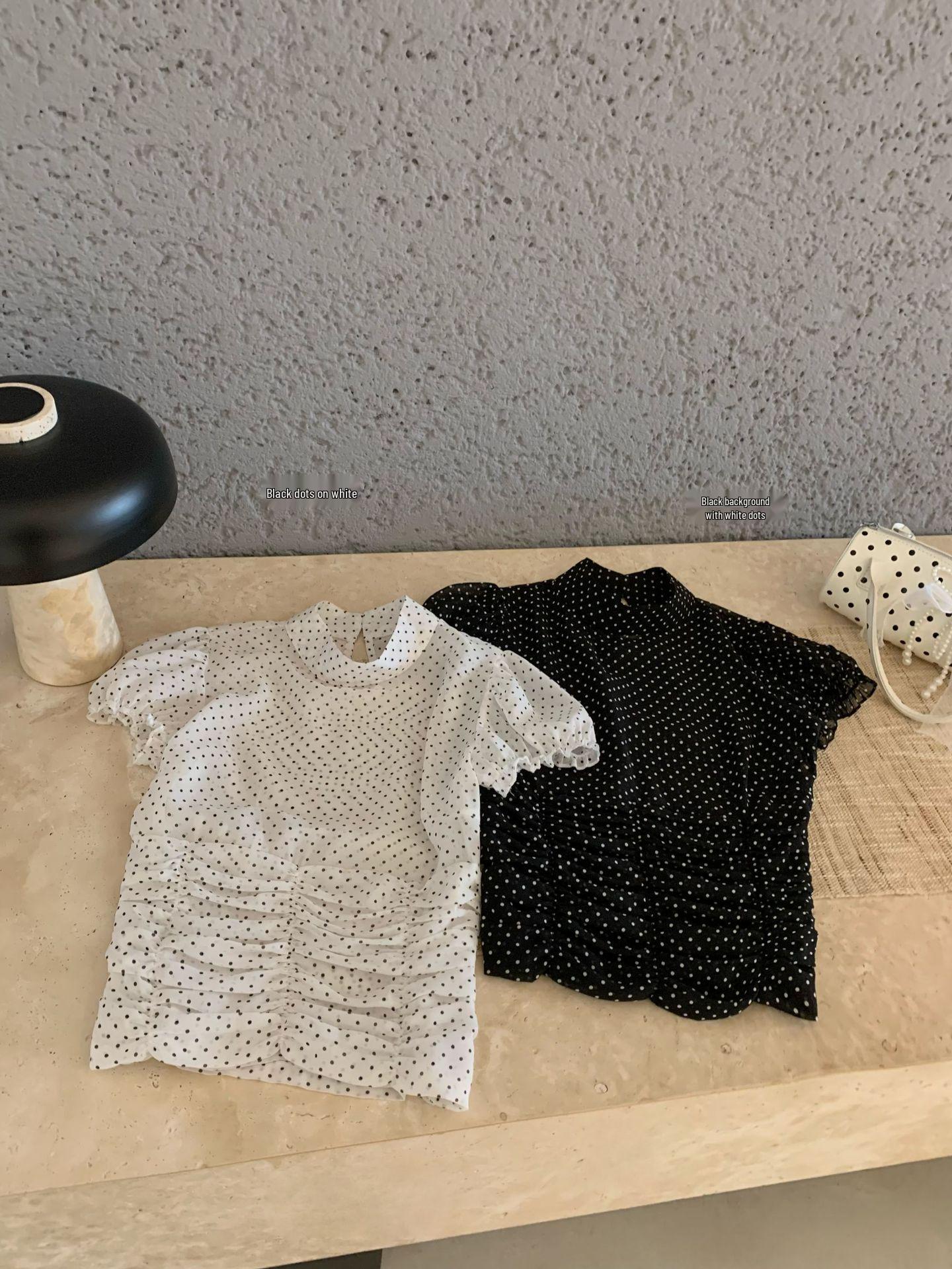 Polka Dot Short-Sleeve Shirt with Pleated Waist - Women s Spring/Summer Trendy Top Small