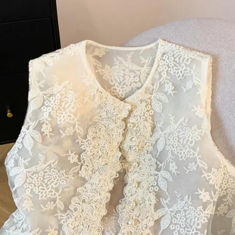 Damen Beiger Spitzenweste Ärmellos Rundhals Rüsche Knopfleiste Lässig Durchsichtig Oberbekleidung