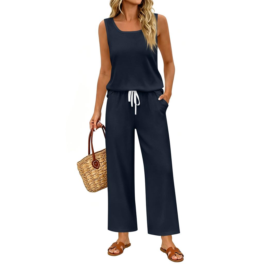 Women Sleeveless Tank Top and Wide Leg Pants Two Piece Set Casual Loose Fit Lounge Wear Suitable for Travel Vacation and Home Relaxation