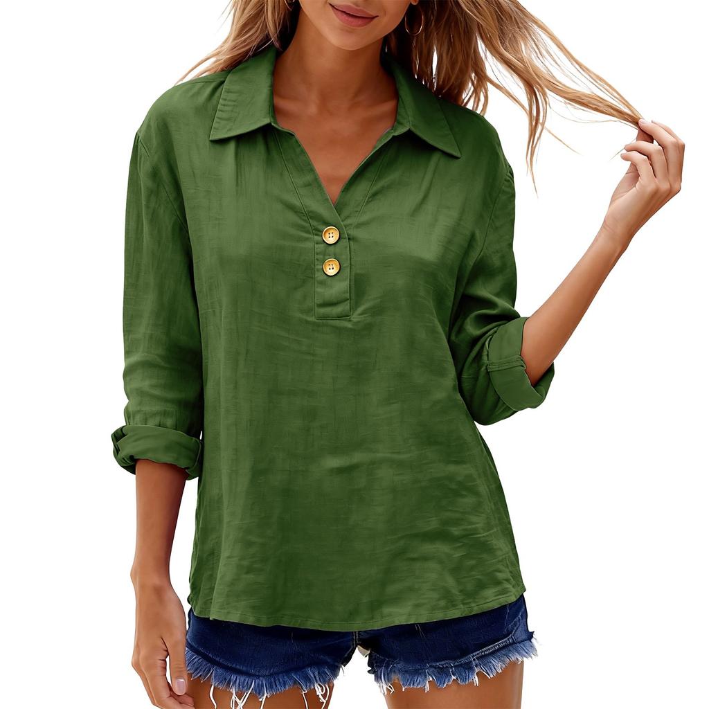 Women's Shirt Seven-Sleeve Lapel Cotton Linen Top Solided Color Casual Breathable Lapel Shirt