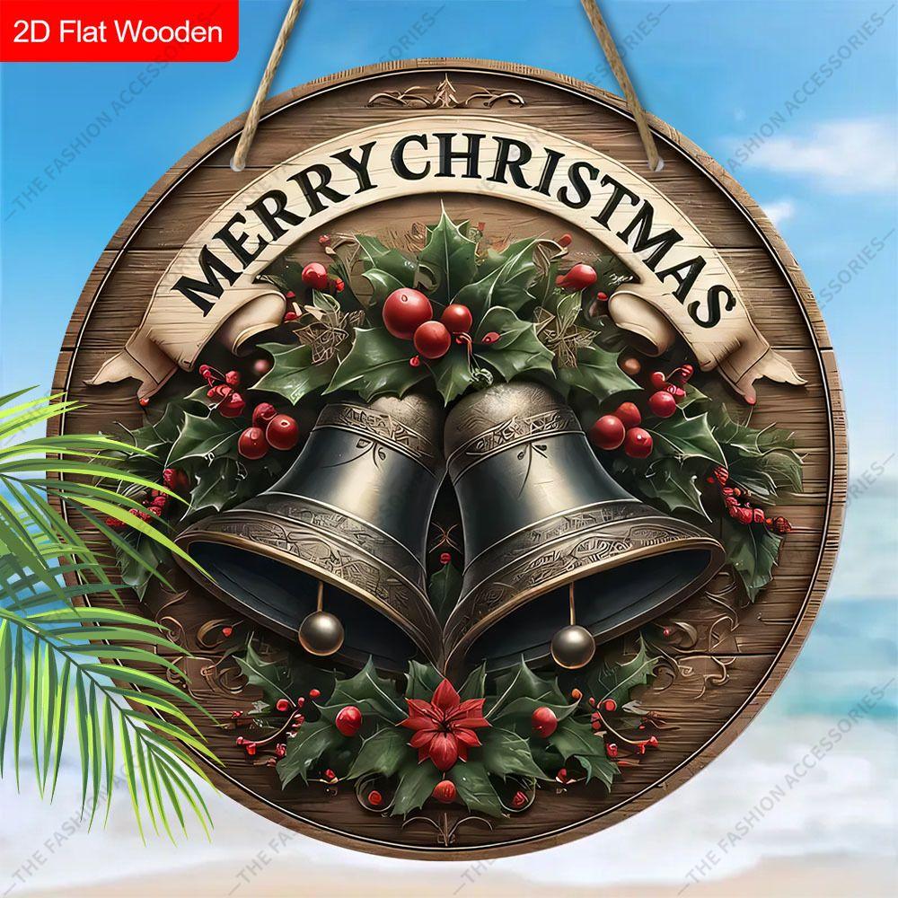 Merry Christmas Bells Holly Round Wooden Hanging Sign, 2D Flat Printed Christmas Wall Door Ornament, Xmas Holiday Home Decor Gift