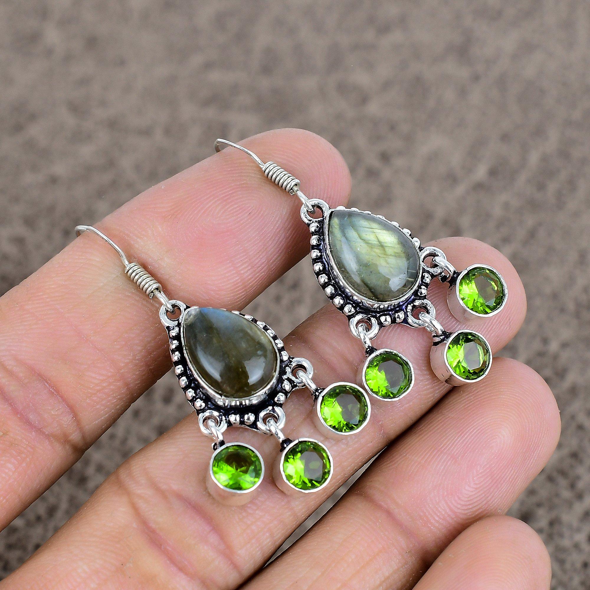 

Labradorite, Peridot Gemstone 925Sterling Silver Jewelry Earring 1.77 KKG-125
