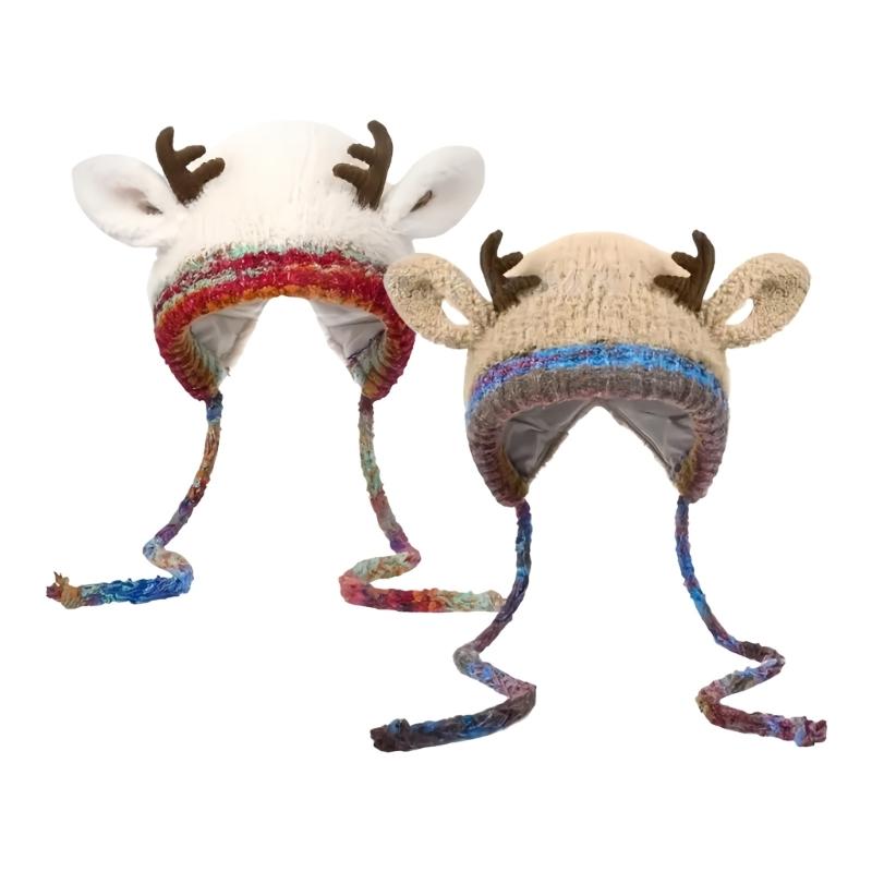 Czapka dziergana z rogami renifera Ciepły zimowy dodatek na przyjęcia świąteczne spotkania rodzinne