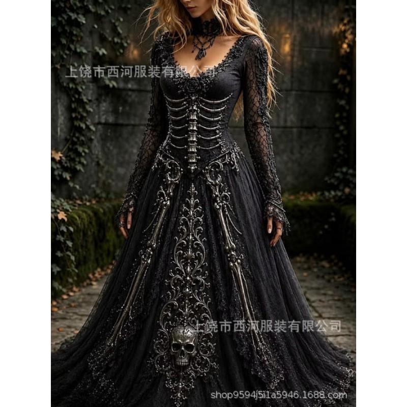 Abito Lungo da Donna con Stampa Sfumata Teschio Rosa Gotico Streetwear di Halloween