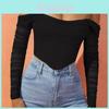 Fishbone Sheer Mesh Crop Top With One Shoulder Long Sleeves For Adult Women