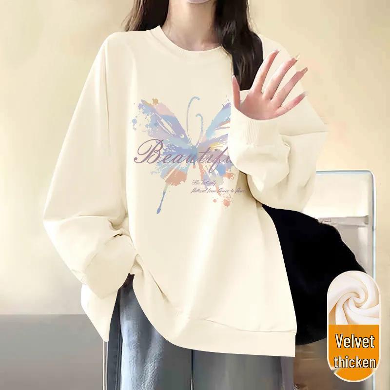 Korean Oversized Round Neck Sweatshirt - Unisex 2025 Autumn/Winter Velvet Long Sleeve Top