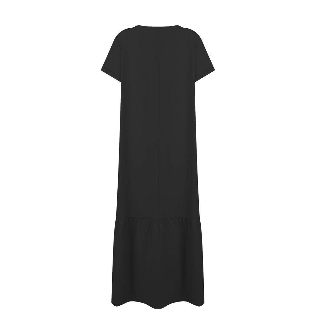 Women's Summer Fashion V-neck Sexy Long Skirt Solid Color Casual Short Sleeved Large Swing Dress